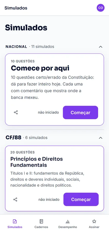 A tela de Simulados no celular, com a pasta Nacional aberta e o simulado Comece por aqui no topo.