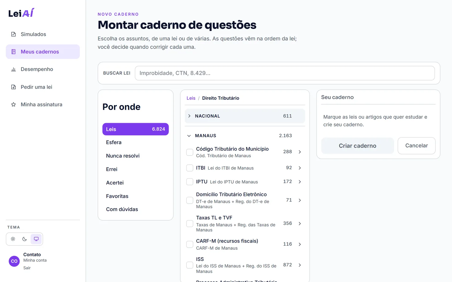 Montar caderno no computador: Direito Tributário aberto na pasta Manaus, com os tópicos Código Tributário do Município, ITBI, IPTU, Domicílio Tributário Eletrônico, Taxas, CARF-M e ISS.
