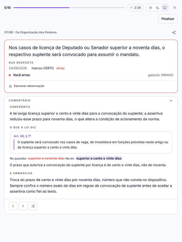 Uma questão da Constituição resolvida no tablet: a resposta errada, o gabarito, o trecho da lei, a palavra trocada (noventa dias no lugar de cento e vinte) e a armadilha explicada.